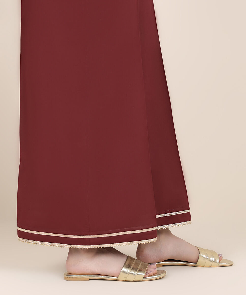 Women's RTW Cotton Satin Red Solid Flared Pants