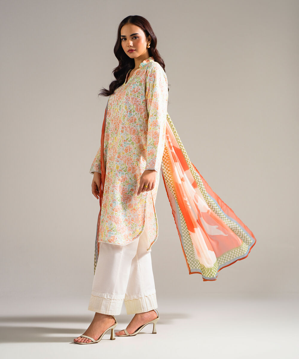 Women's RTW Dobby Embroidered Off White 3 Piece Suit