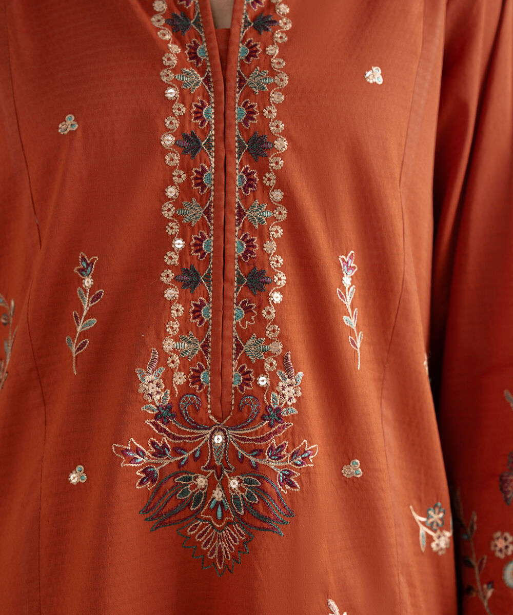 Women's Unstitched Dobby Embroidered Brown 3 Piece Suit