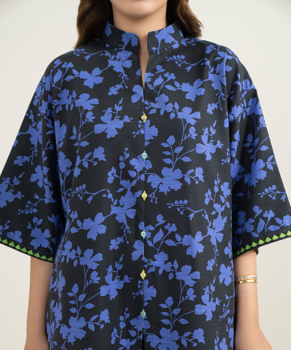 Women's Three Piece Blue and Black Khaddar Printed Suit