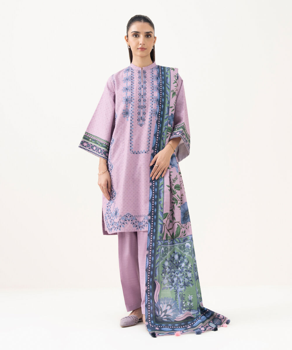 Women's Unstitched Khaddar Embroidered Purple 3 Piece Suit