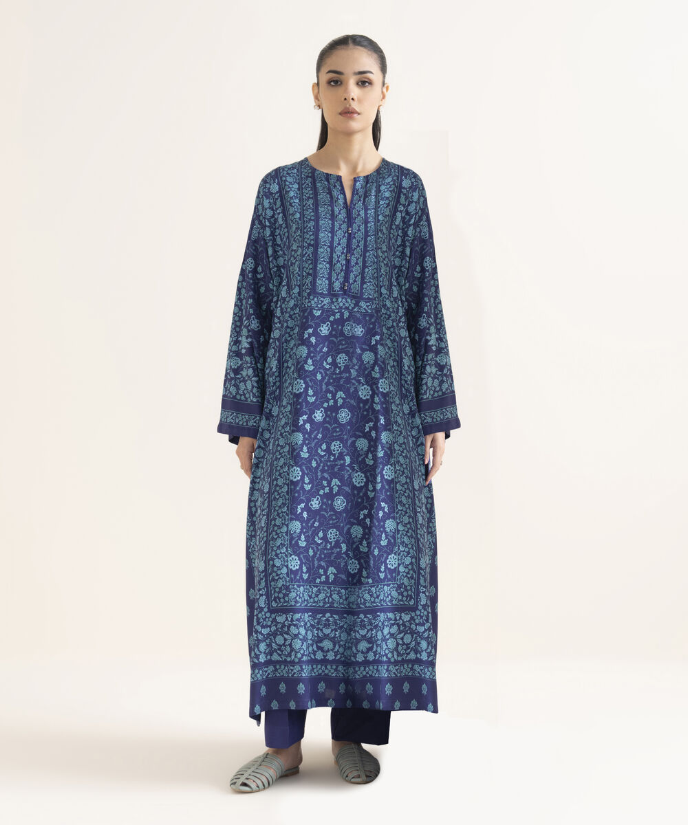 Women's RTW Viscose Linen Blue Printed Drop Shoulder Shirt