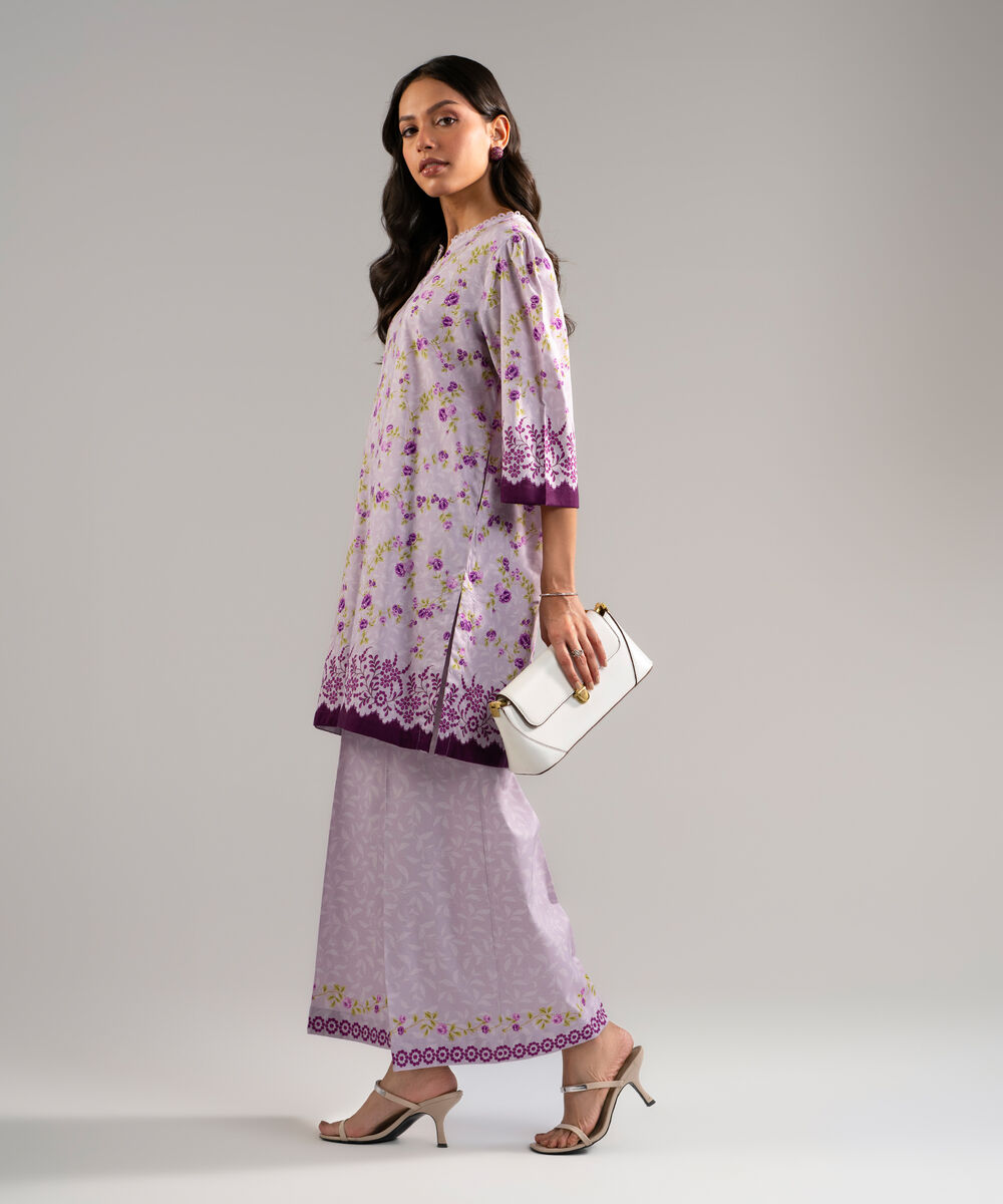 Women's RTW Cotton Viscose Printed Purple Straight Shirt