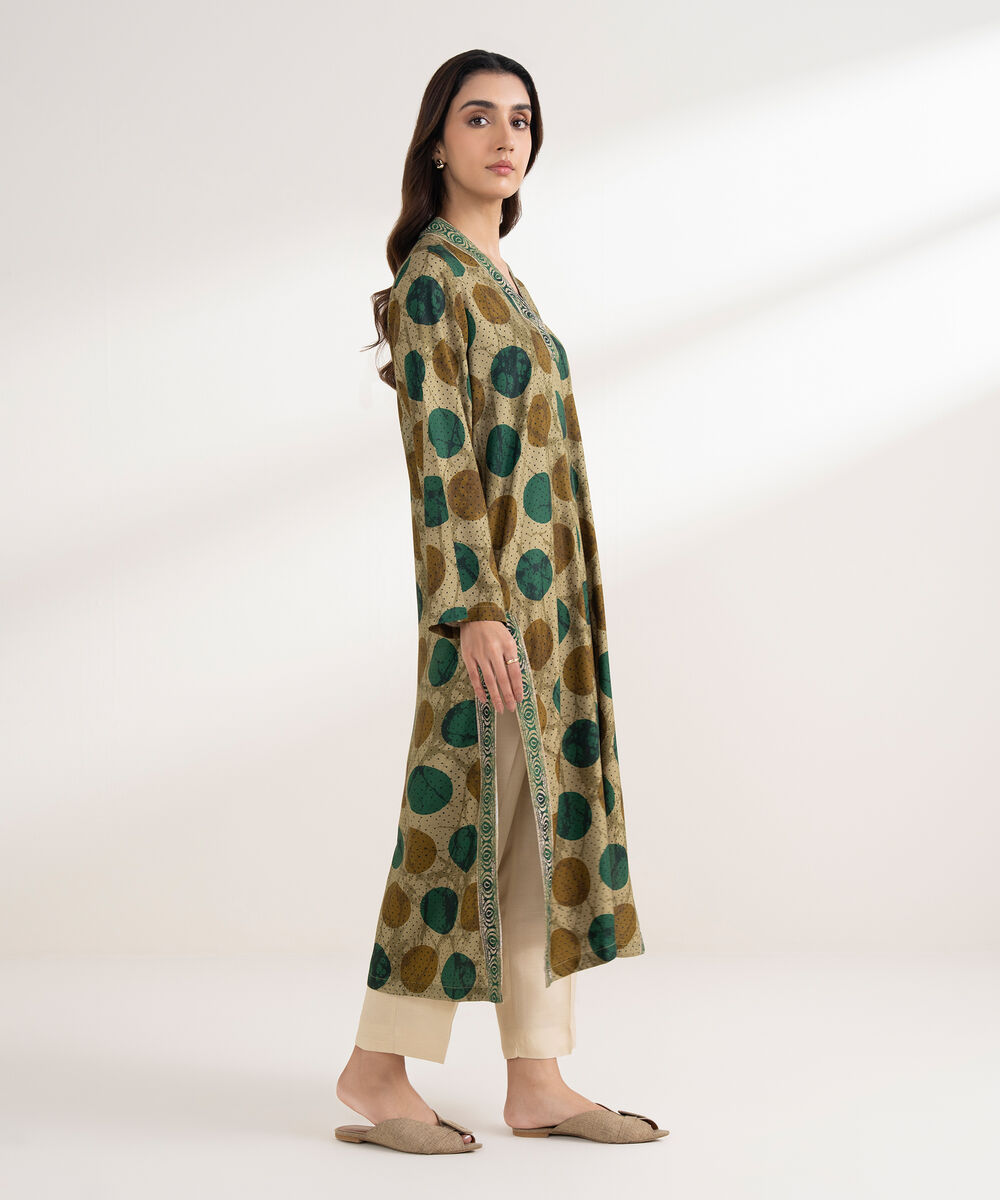 Women's RTW Viscose Linen Printed Straight Olive Green Shirt