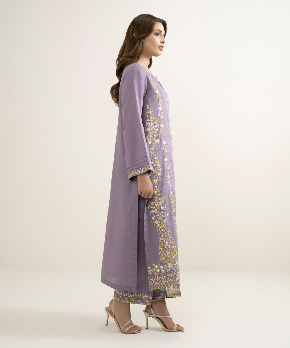 Women's RTW Dobby Embroidered Lilac A-Line Shirt