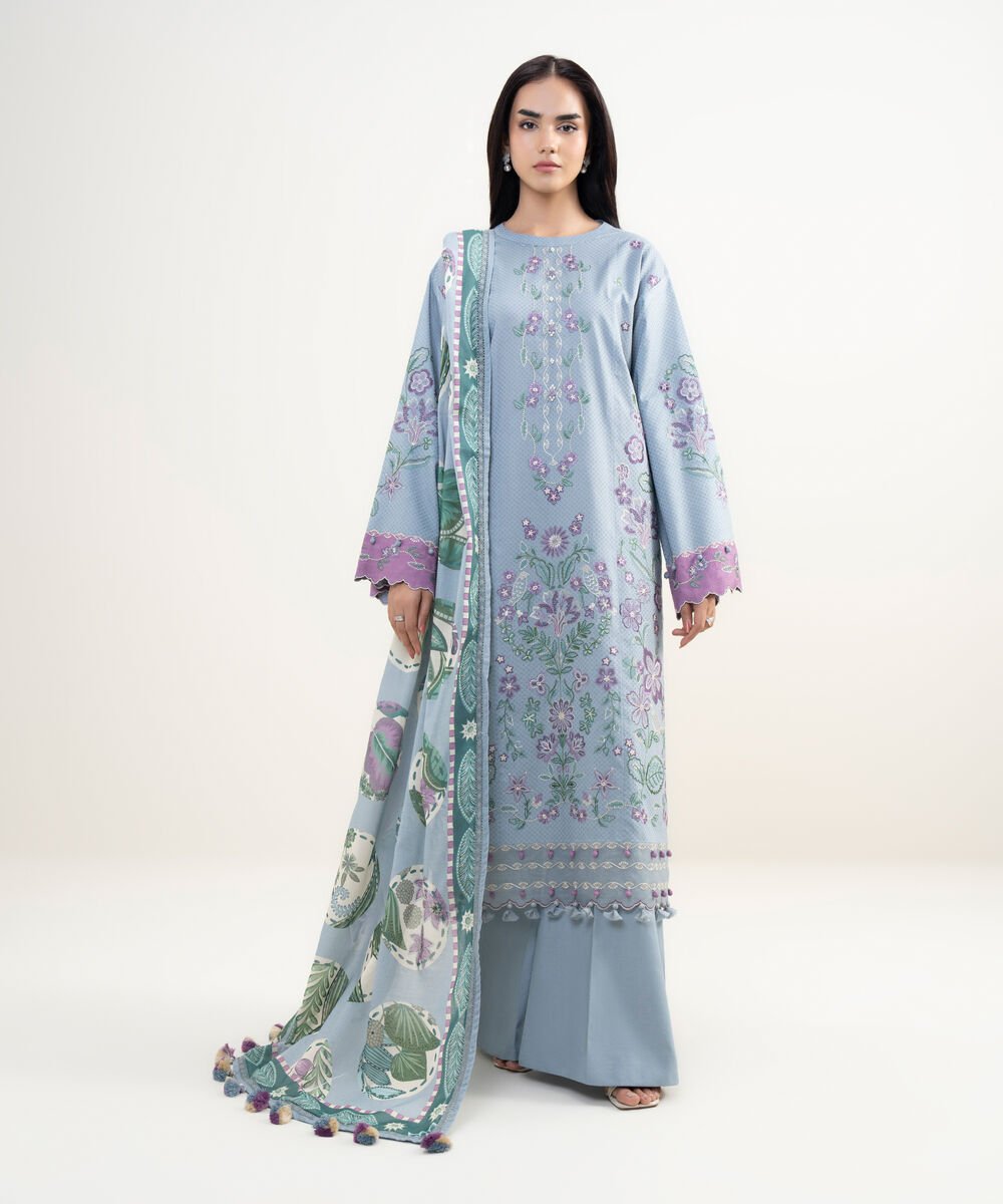 Women's Unstitched Dobby Embroidered Blue  3 Piece Suit