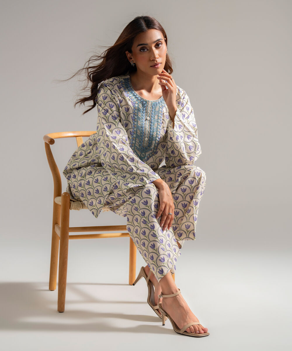 Women's RTW Cambric Embroidered Off White 2 Piece Suit