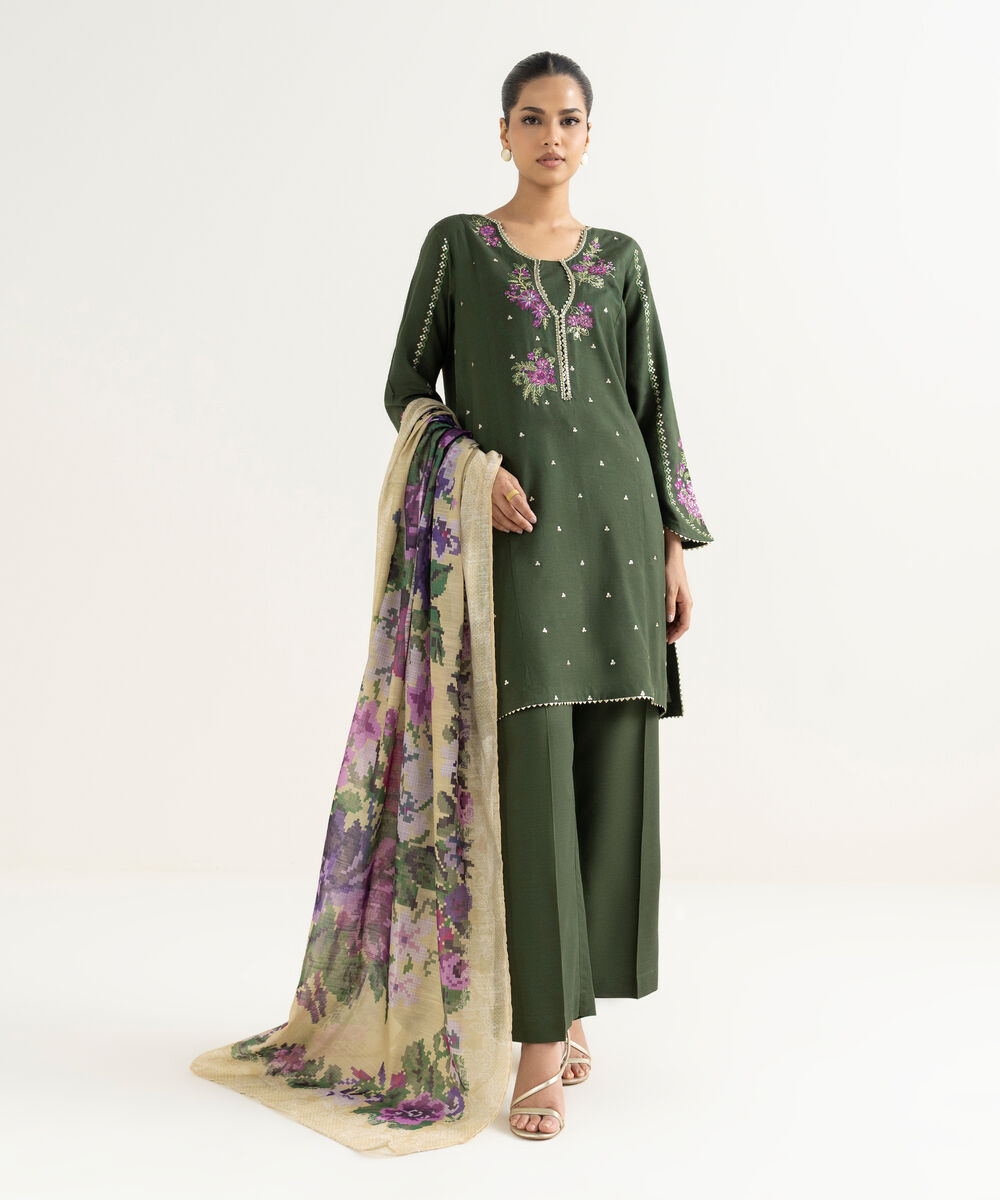 Women's RTW Cotton Viscose Green Embroidered A-Line Shirt