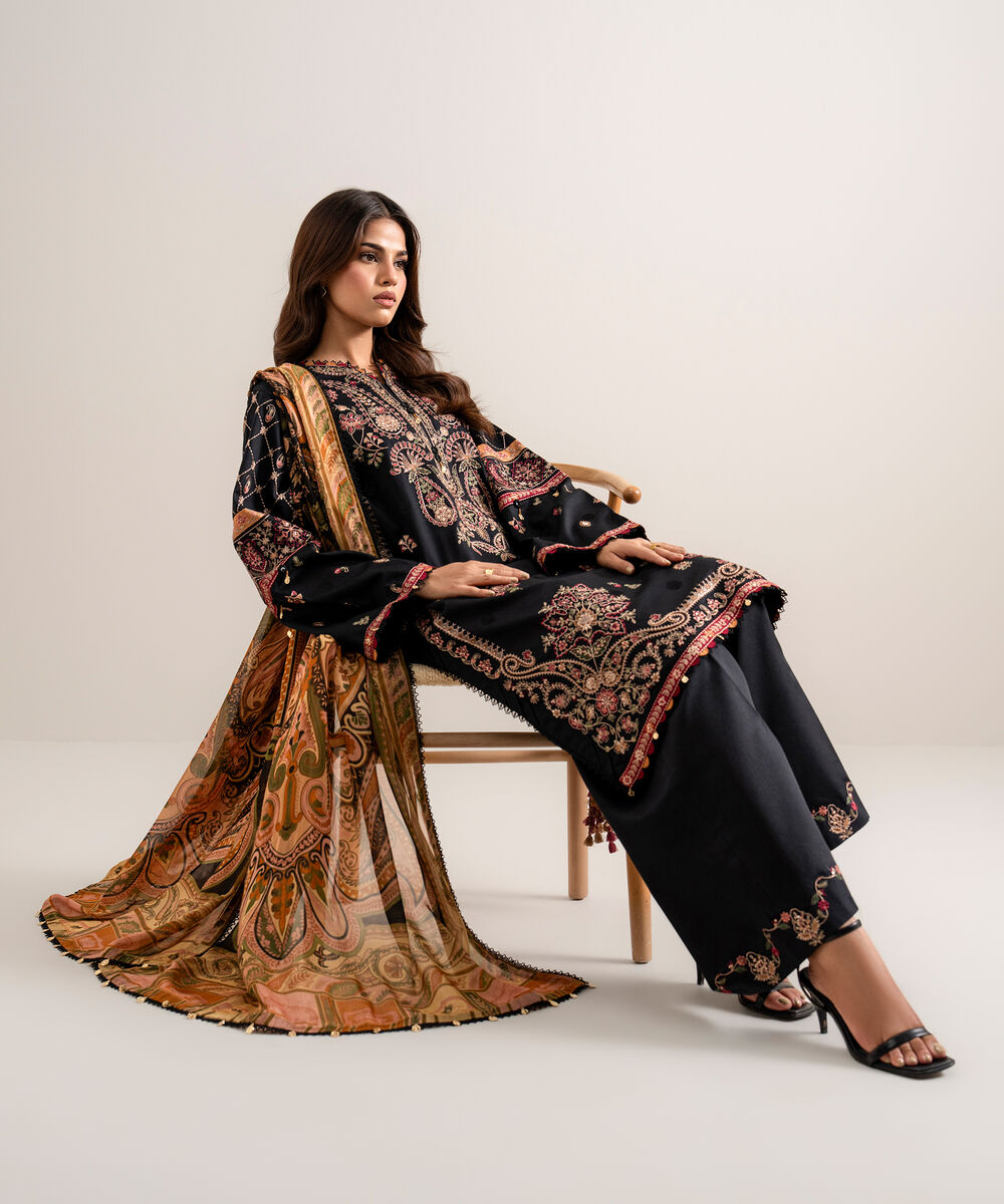 Women's Unstitched Embroidered Fine Cotton Satin Black 3 Piece Suit