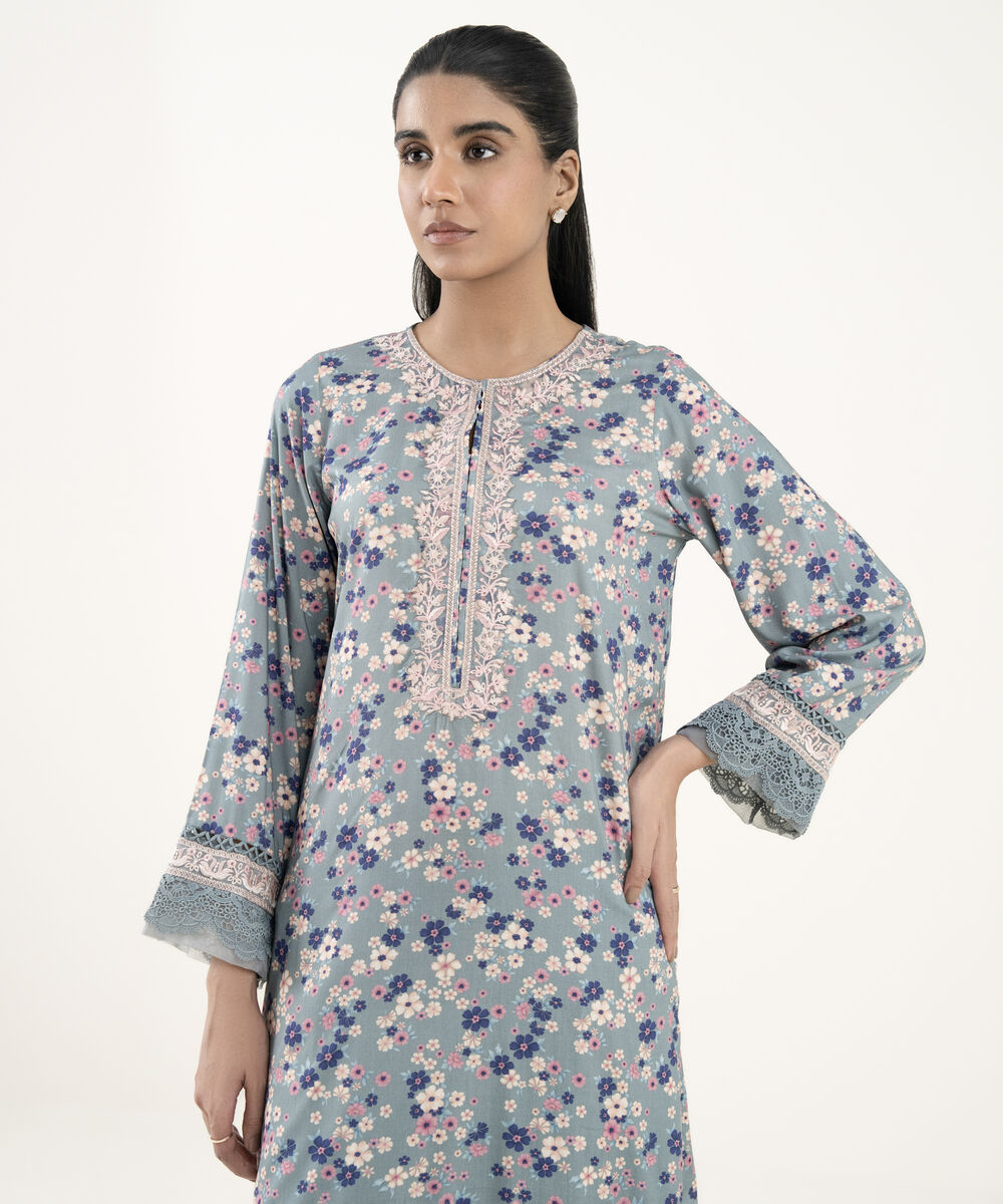 Women's RTW Arabic Lawn Grey Embroidered Straight Shirt