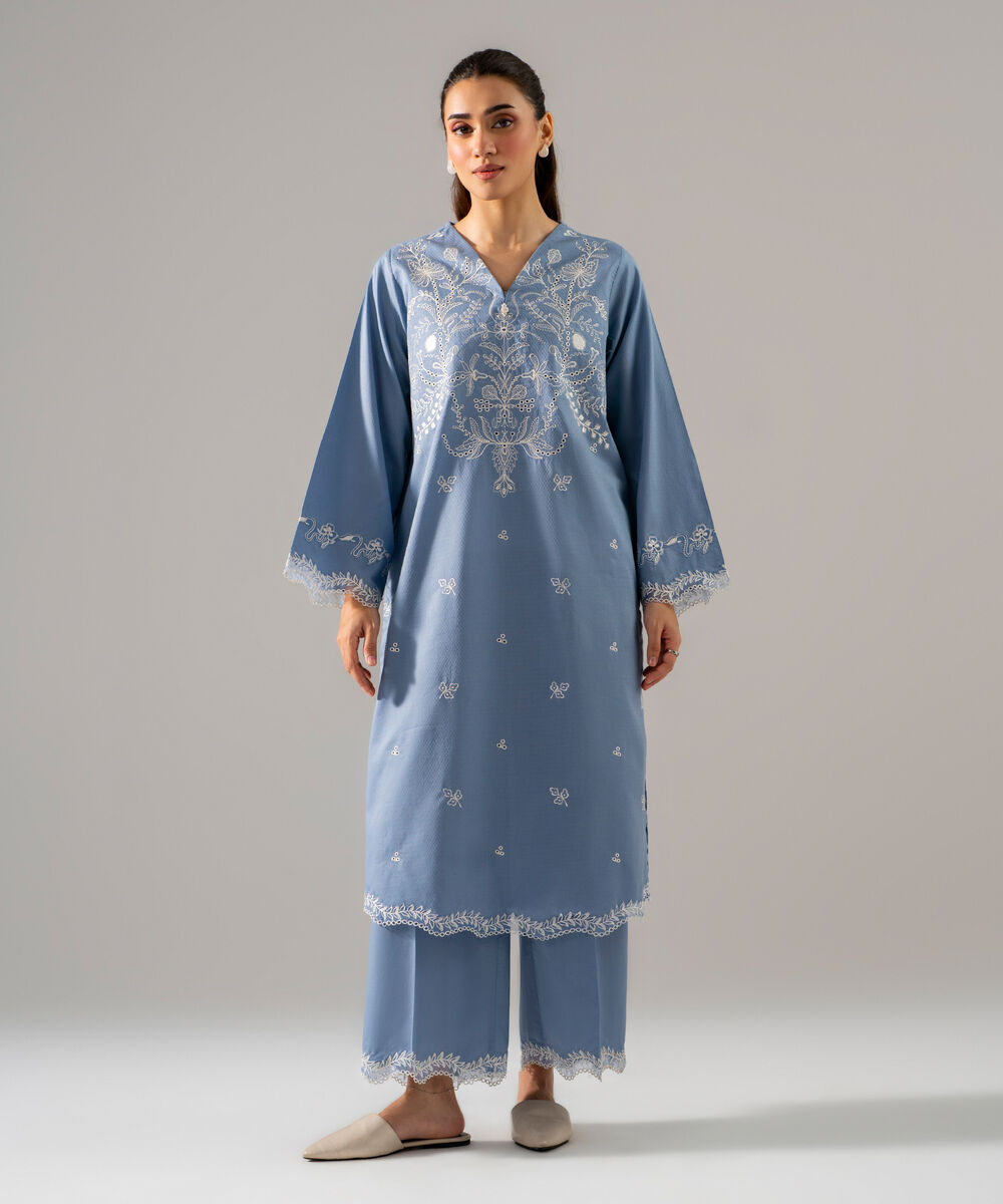 Women's RTW Dobby Solid Embroidered Blue 2 Piece Suit