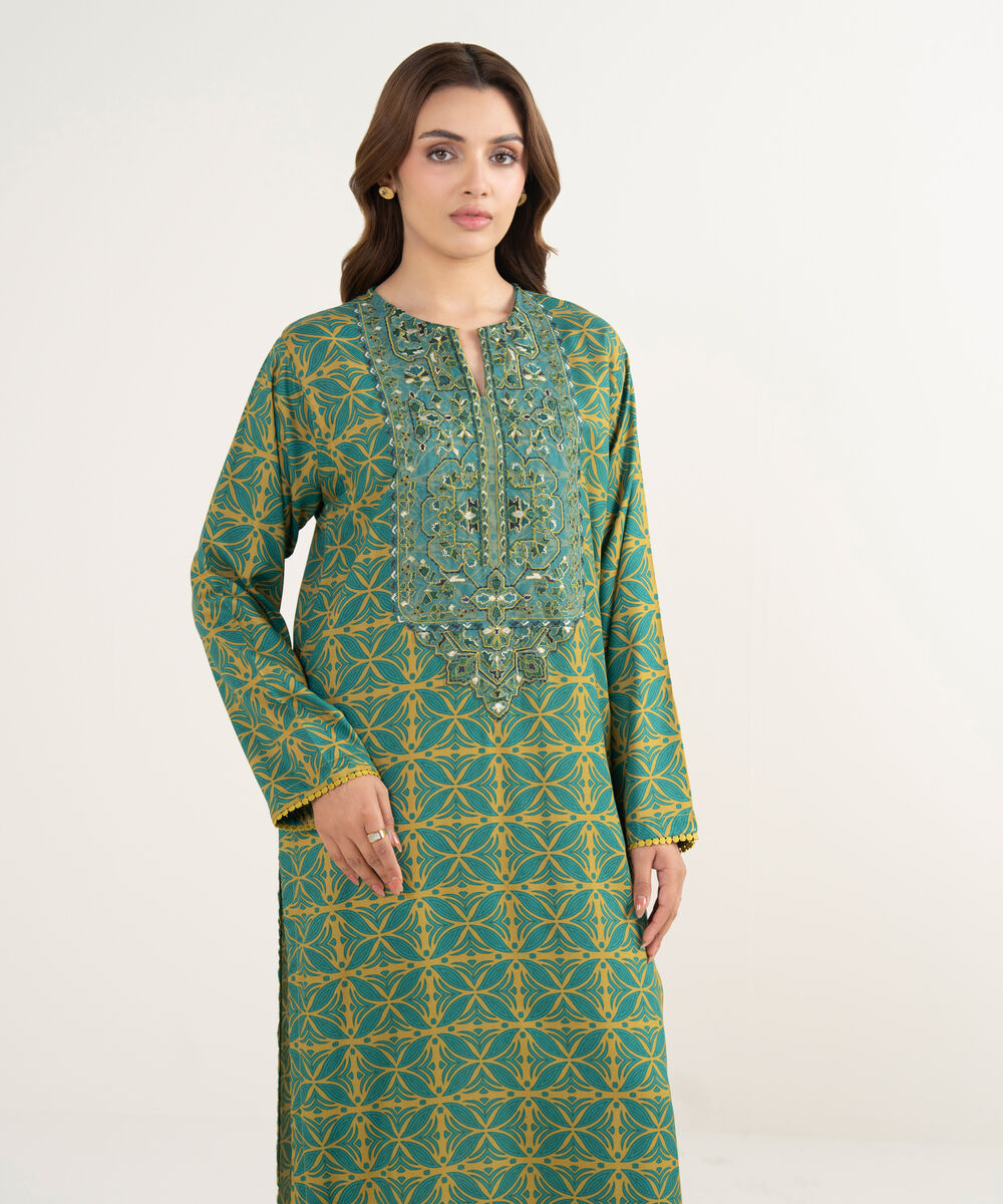 Women's RTW Arabic Cambric Embroidered Olive Green Straight Shirt