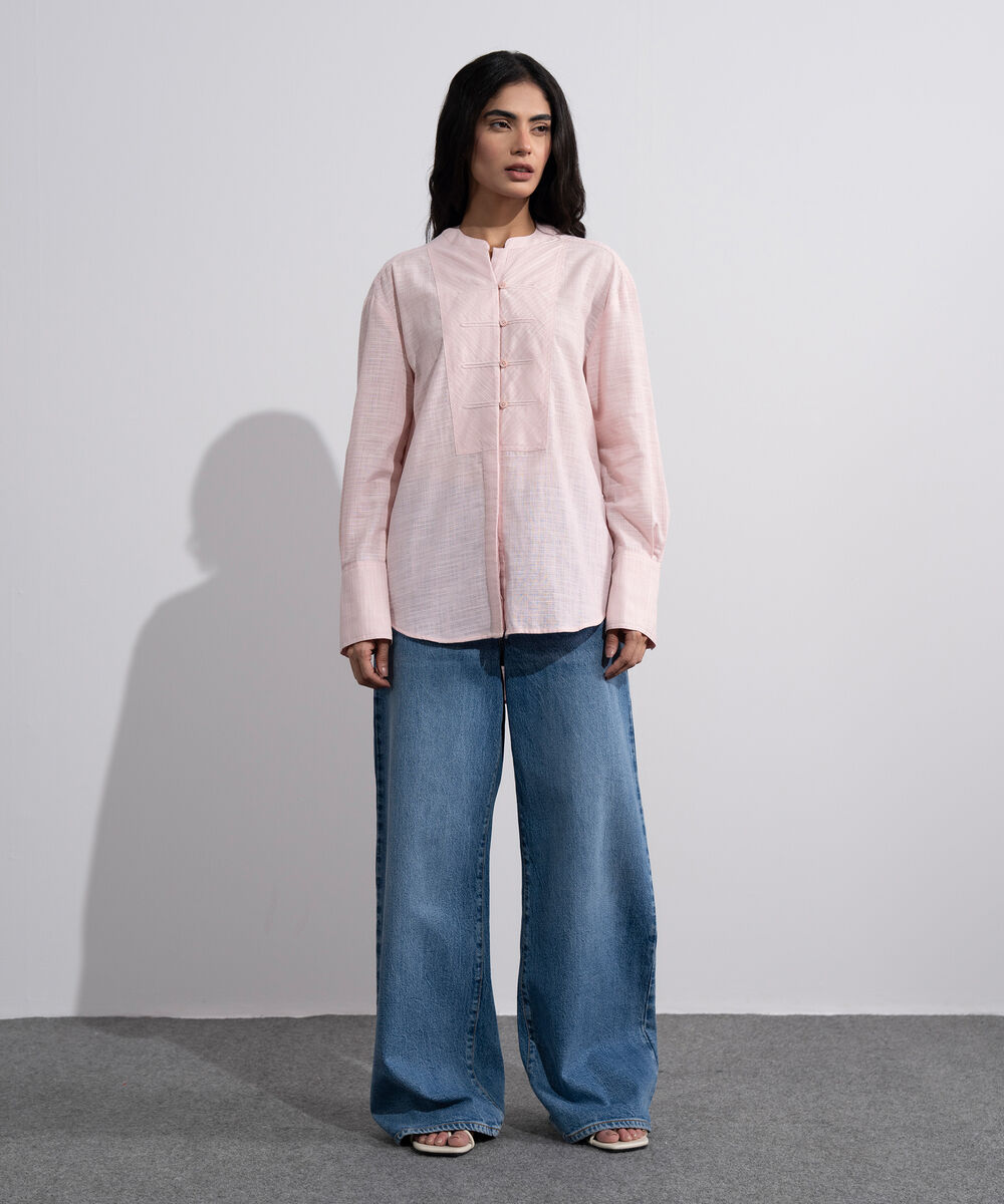 Women's Pink Textured Shirt With Yoke Detail