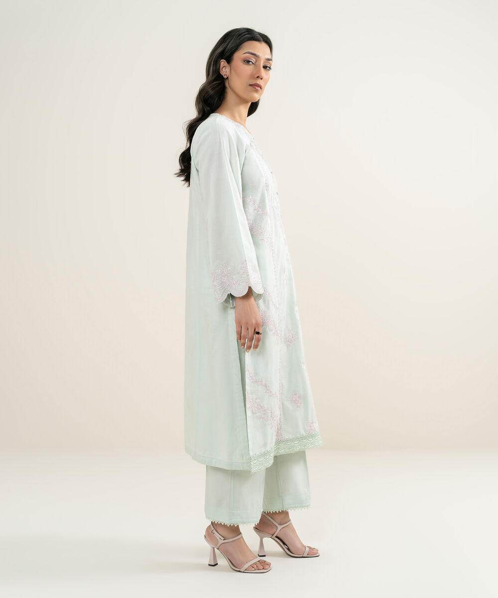 Women's RTW Self Jacquard Embroidered Mint Green A-Line Shirt