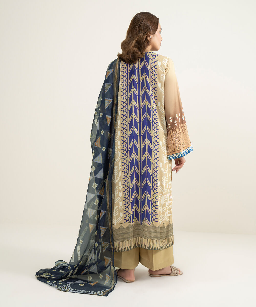 Women's RTW Viscose Raw Silk Printed Beige 3 Piece Suit