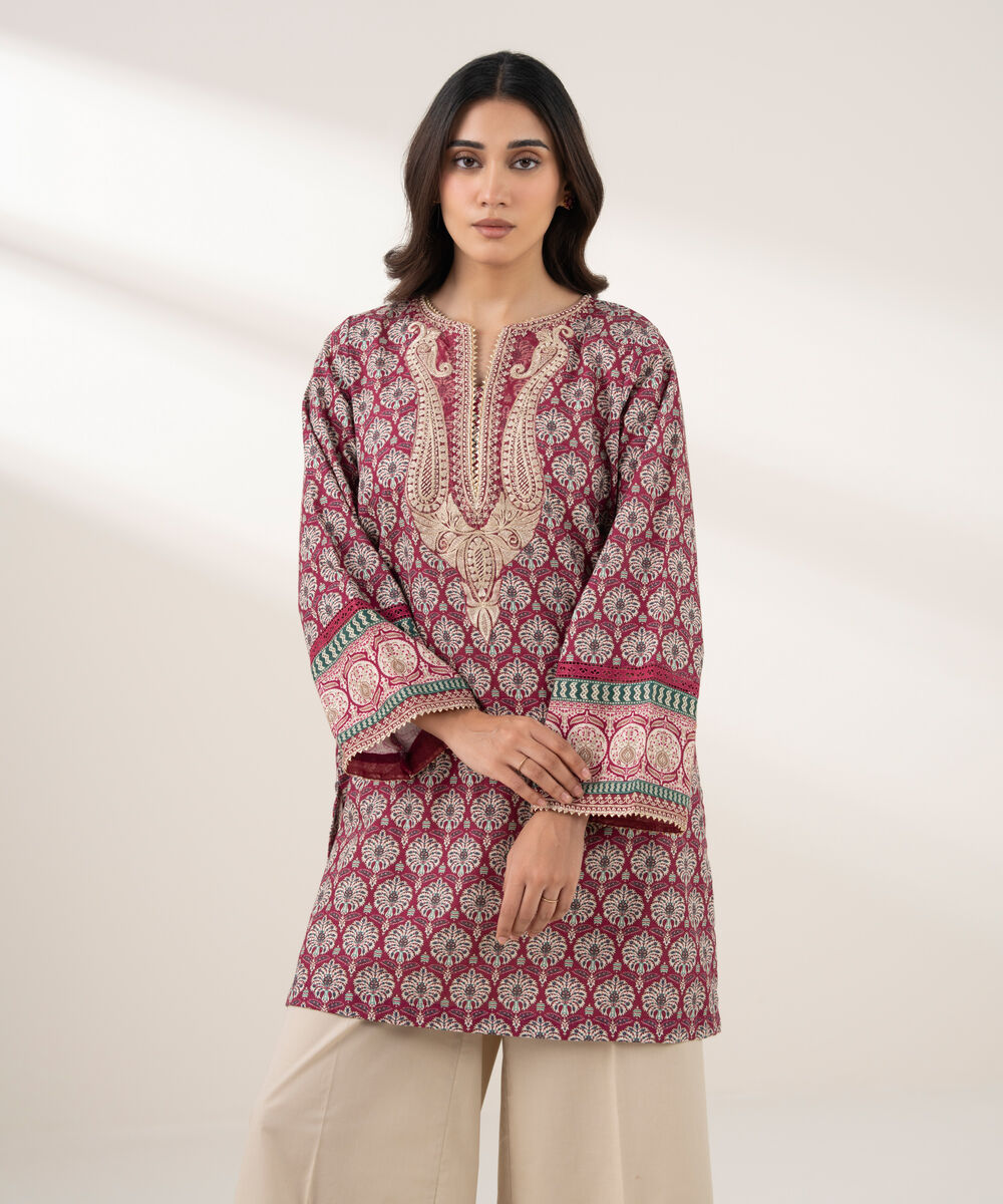 Women's RTW Cotton Embroidered Straight Pink Shirt