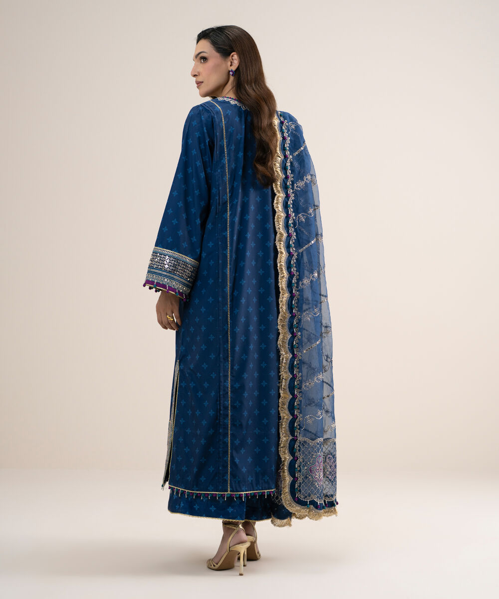 Women's Unstitched Printed Blended Grip Silk Blue 3 Piece Suit