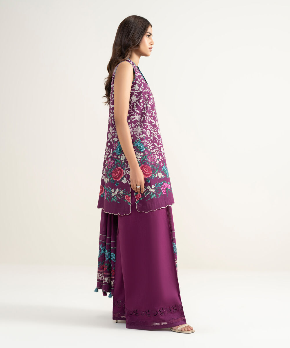 Women's Unstitched Lawn Embroidered Purple 3 Piece Suit