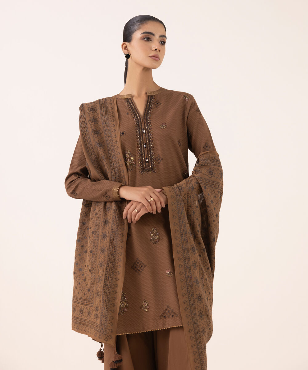 Women's Unstitched Dobby Embroidered Brown Three Piece Suit