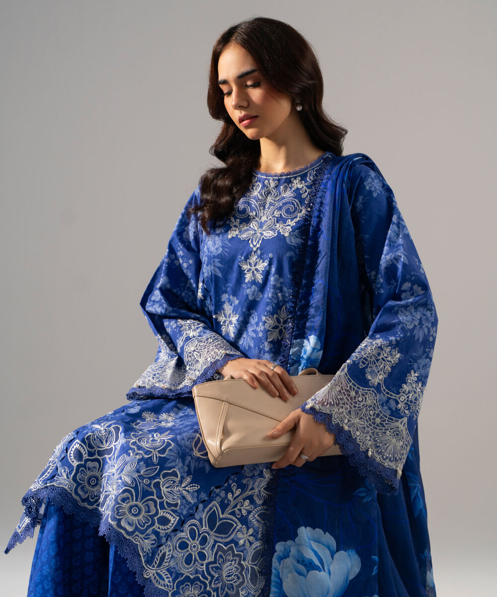 Women's RTW Self Jacquard Printed Embroidered Blue 3 Piece Suit