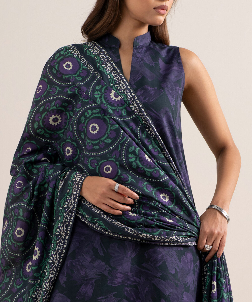 Women's Unstitched Lawn Printed Black and Purple 3 Piece Suit