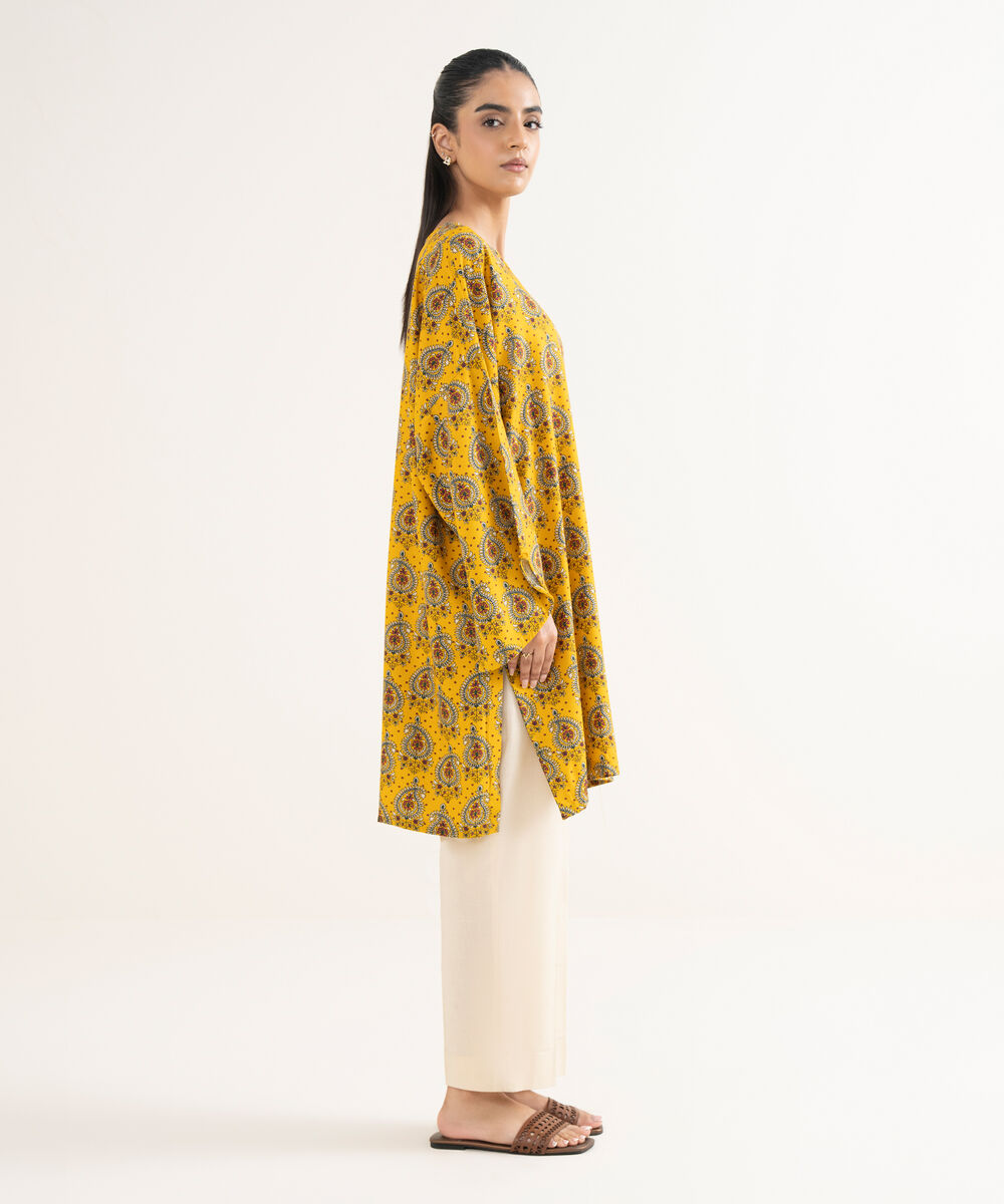 Women's RTW Cotton Printed Drop Shoulder Yellow Shirt
