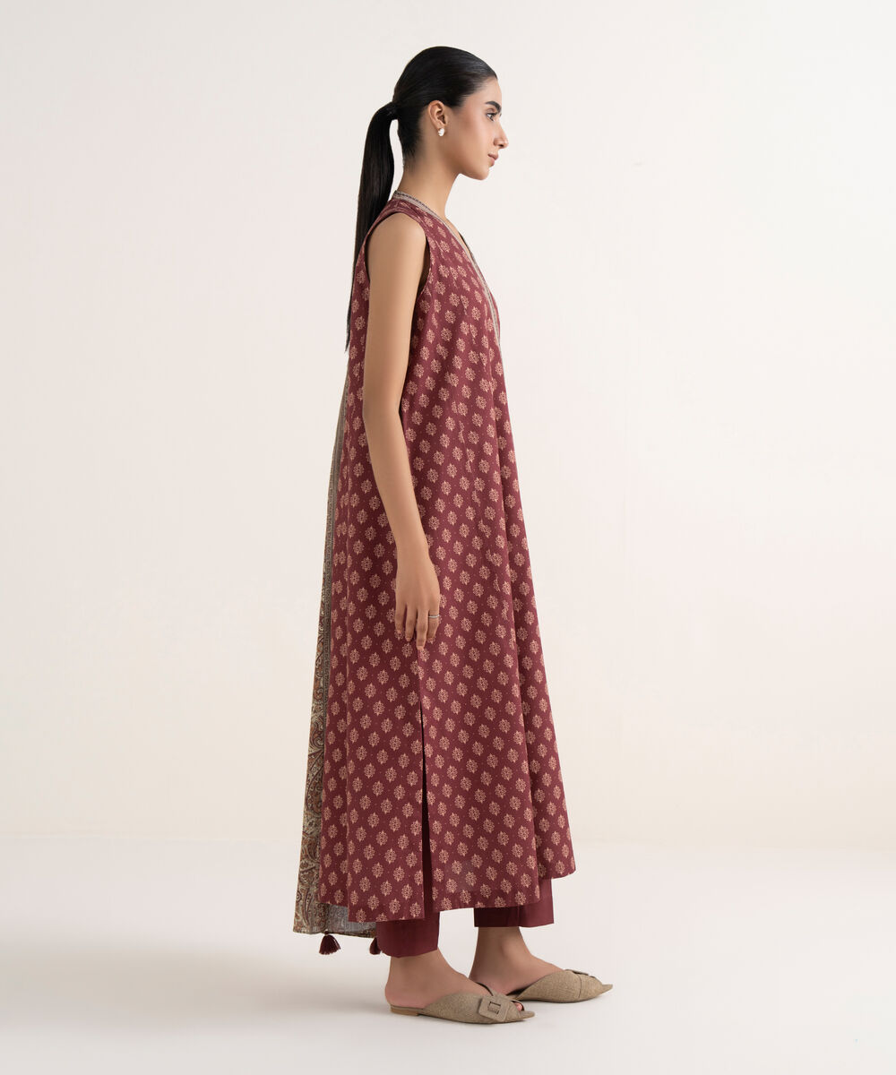 Women's Unstitched Cotton Printed Red Three Piece Suit