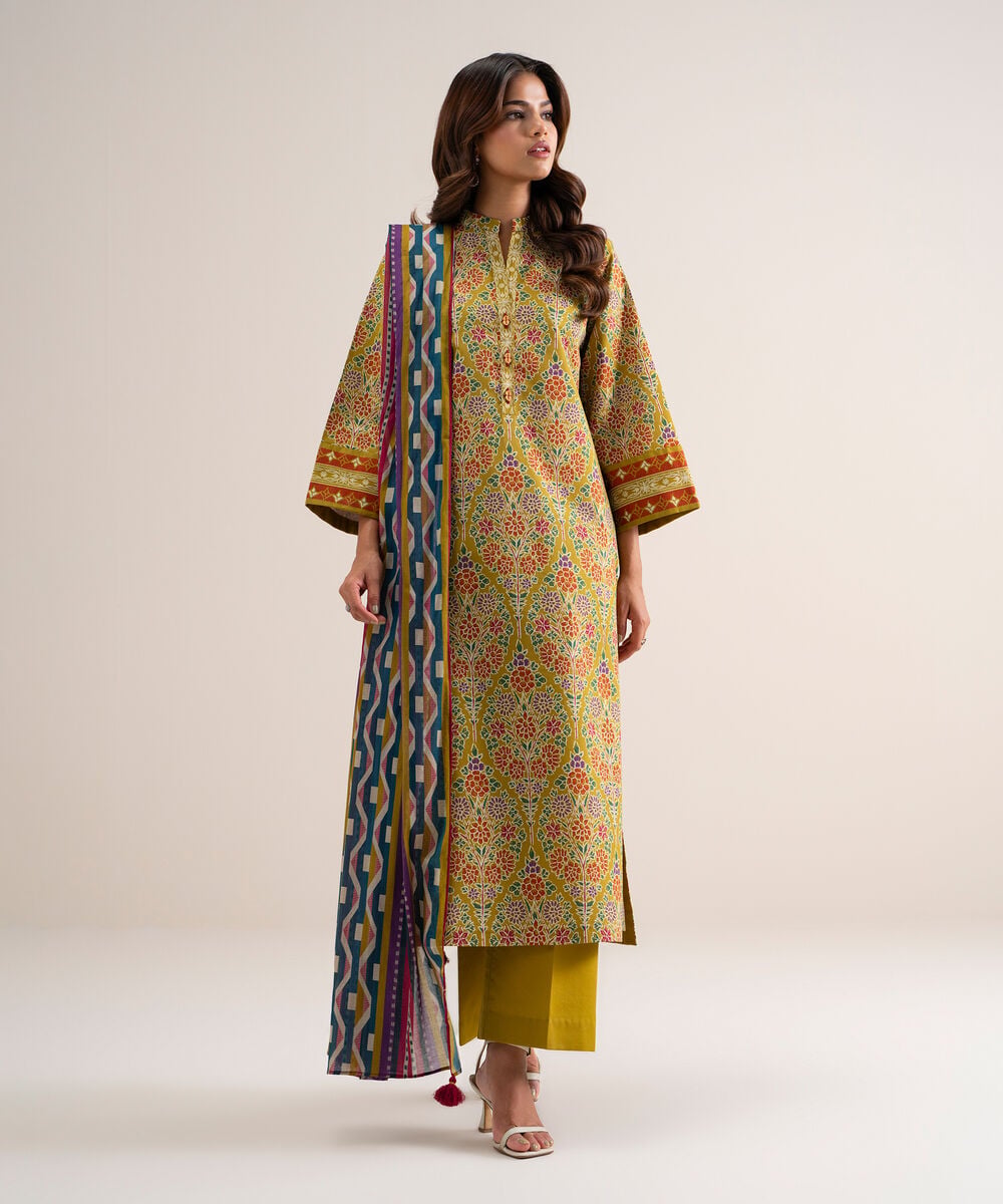Women's Unstitched Printed Lawn Mustard 3 Piece Suit