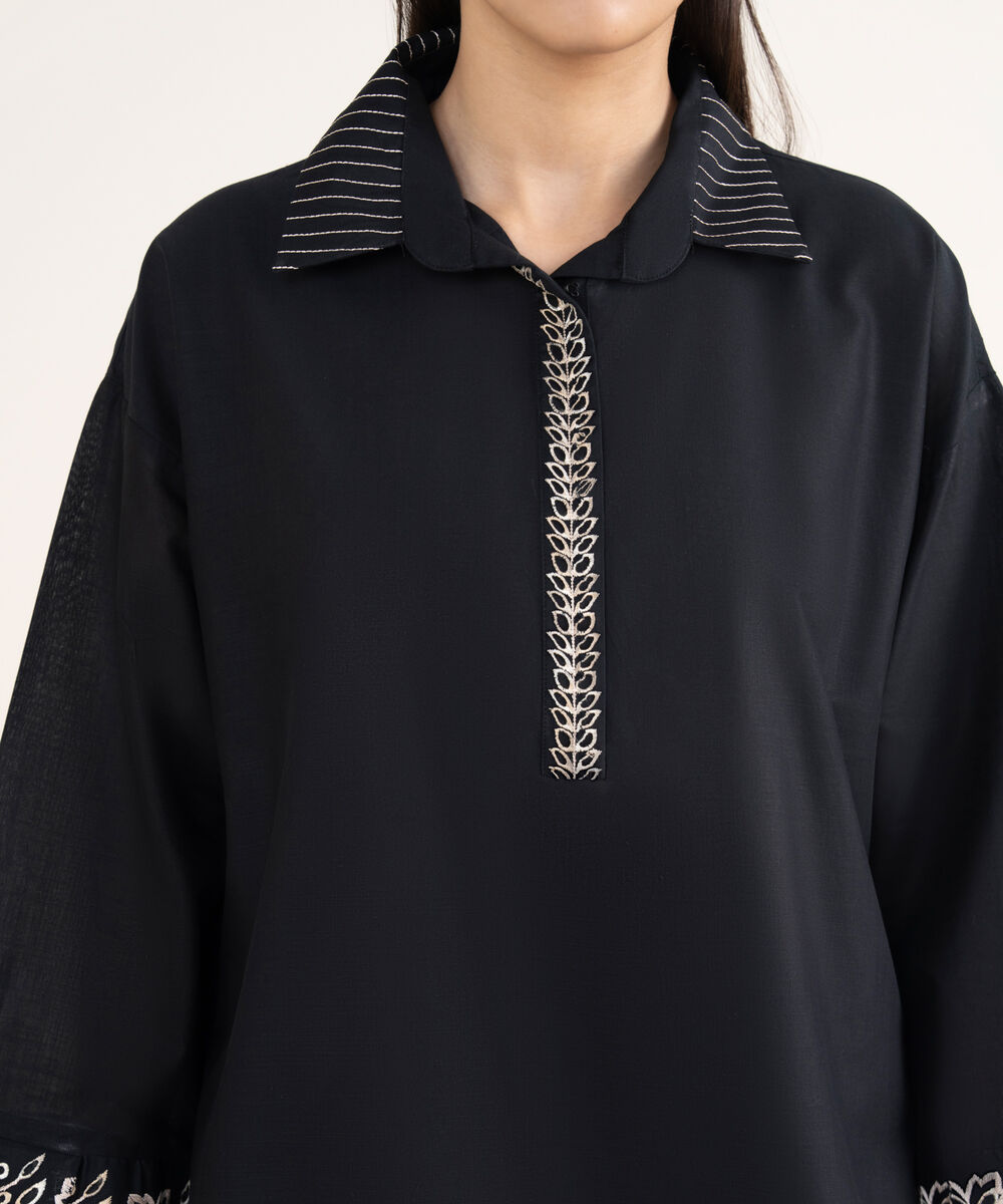 Women's RTW Cross Hatch Black Embroidered Boxy Shirt