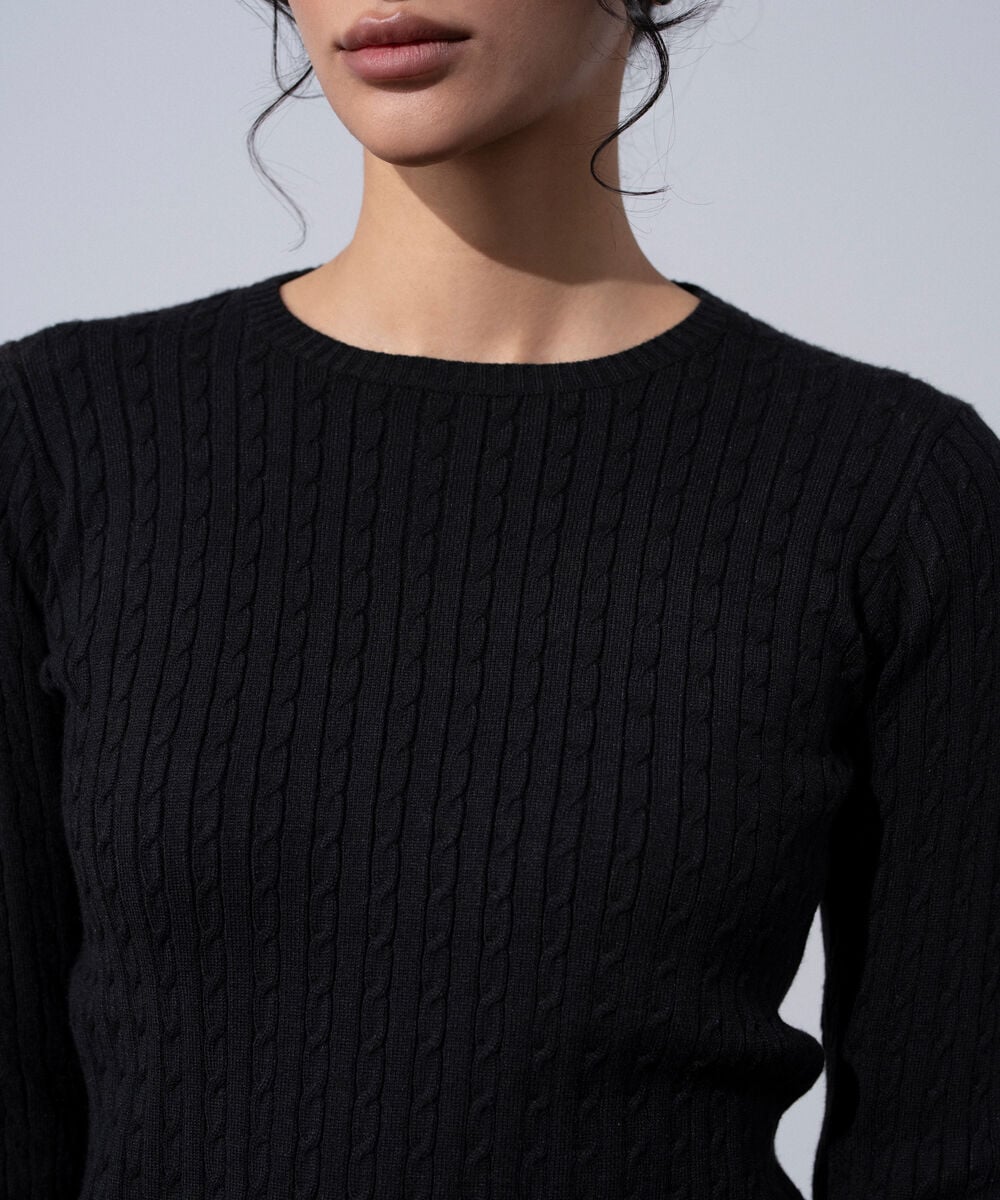 Women's Western Wear Black Textured Cable-Knit Jumper