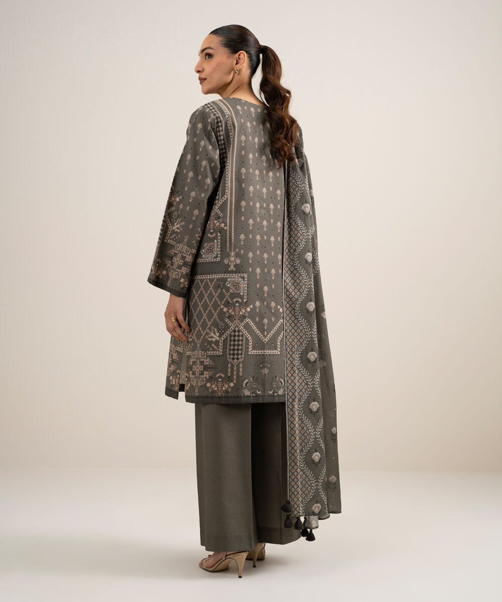 Women's Unstitched Lawn Printed Grey  3 Piece Suit