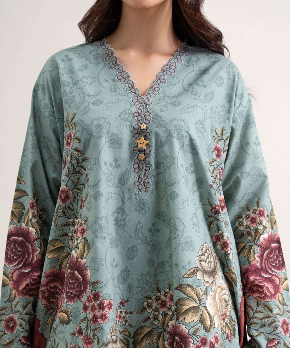 Women's Unstitched Cotton Printed Blue  3 Piece Suit