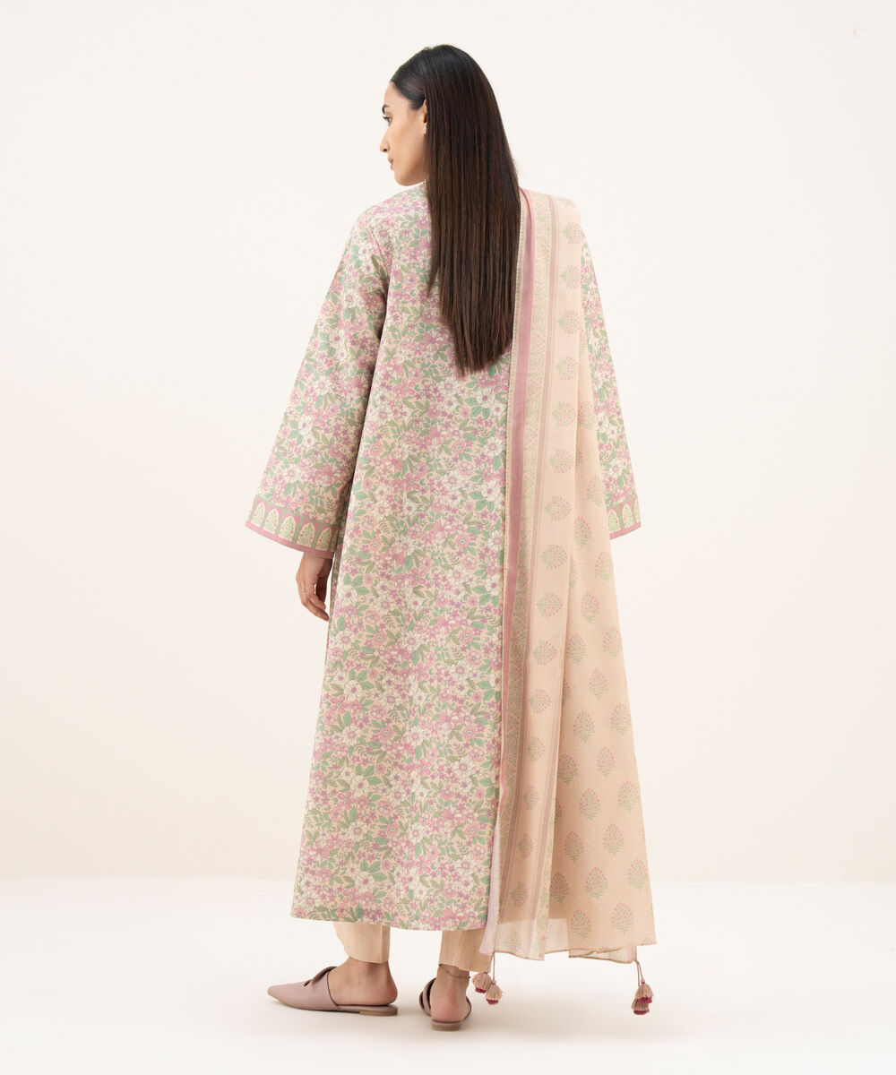 Women's Unstitched Cotton Printed Pink 3 Piece Suit