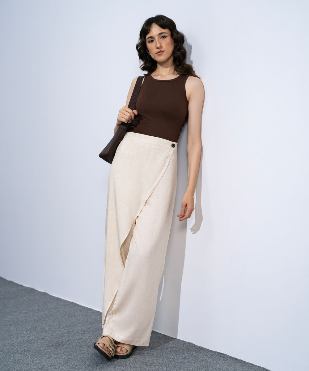 Women's Off White Asymmetrical Linen Blend Trousers