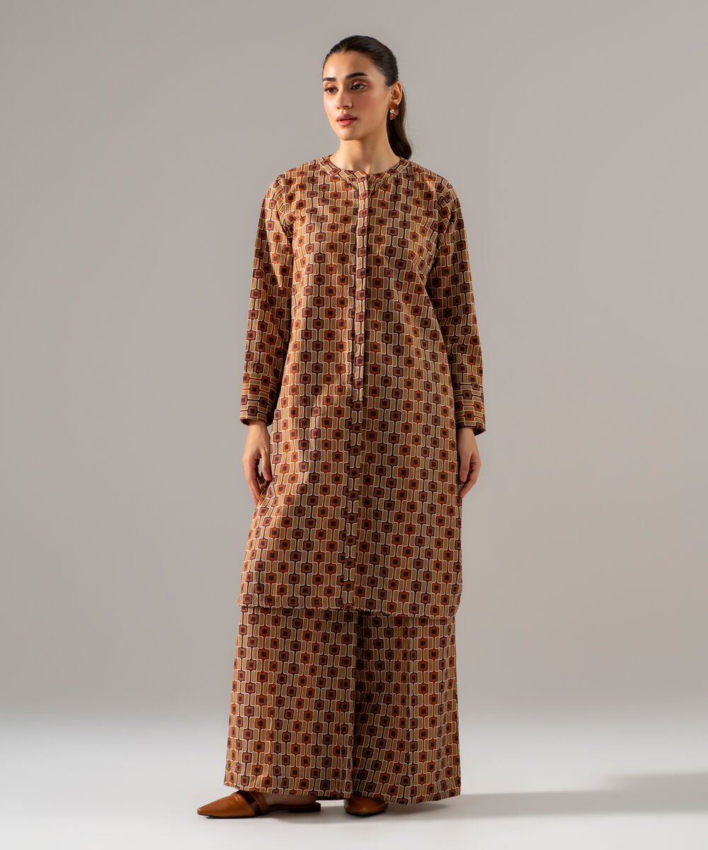 Women's RTW Seersucker Printed Brown 2 Piece Suit