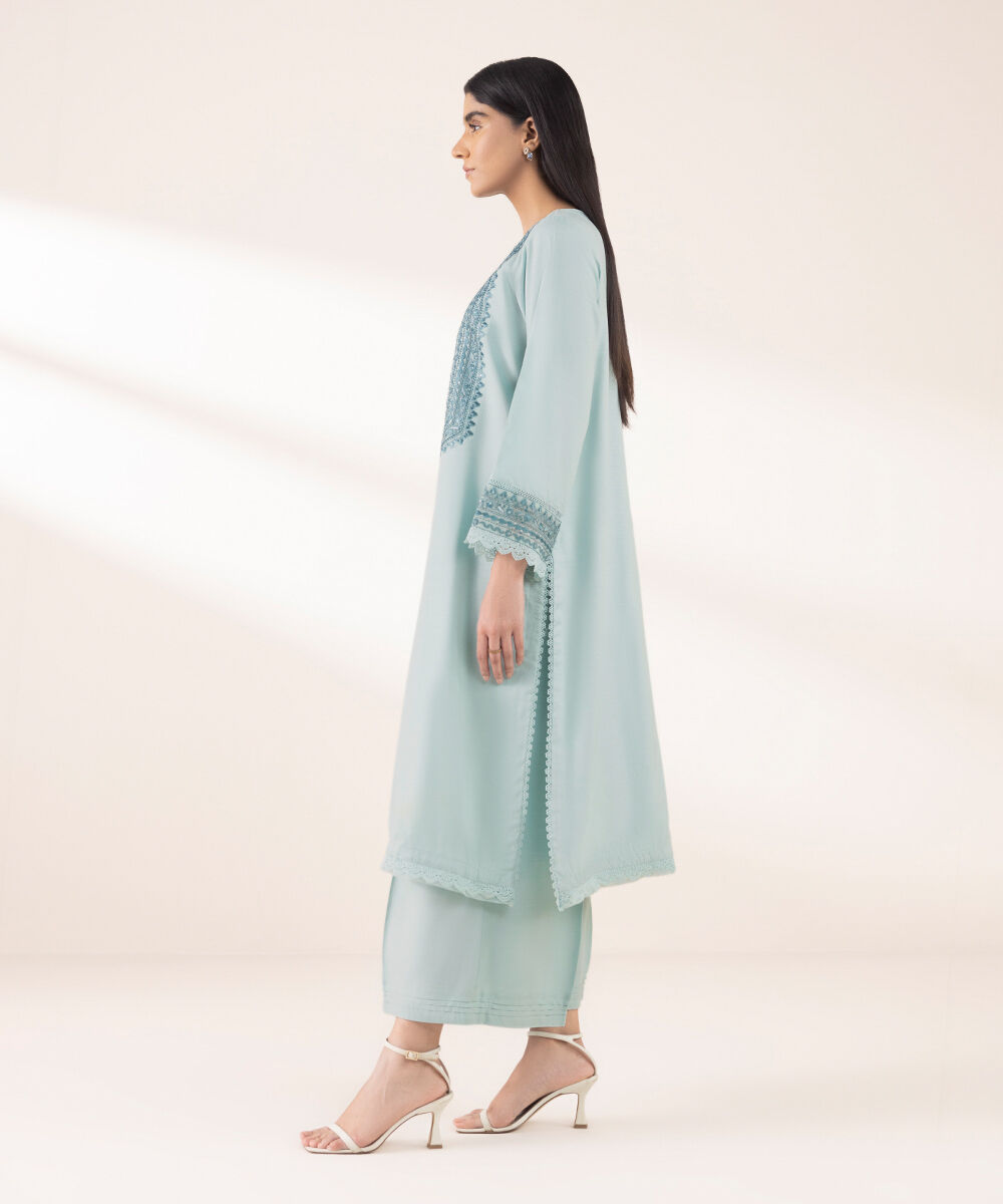 Women's RTW Lawn Blue Embroidered A-Line Shirt