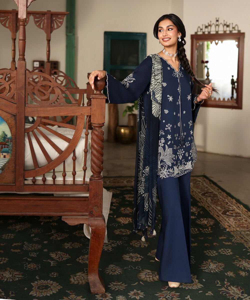 Women's Unstitched Textured Lawn Embroidered Blue 3 Piece Suit