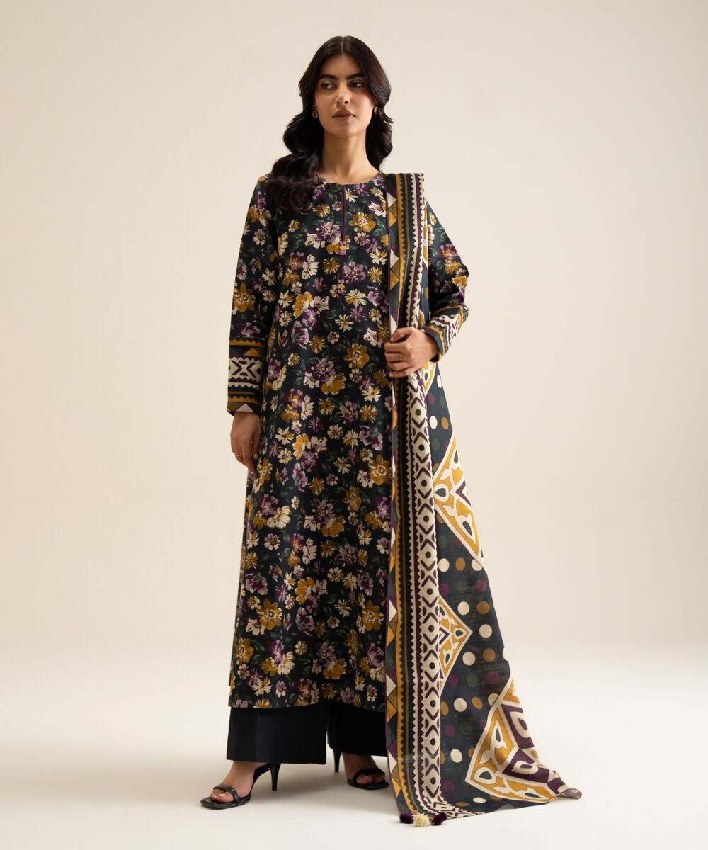 Women's Unstitched Lawn Printed Black 3 Piece Suit