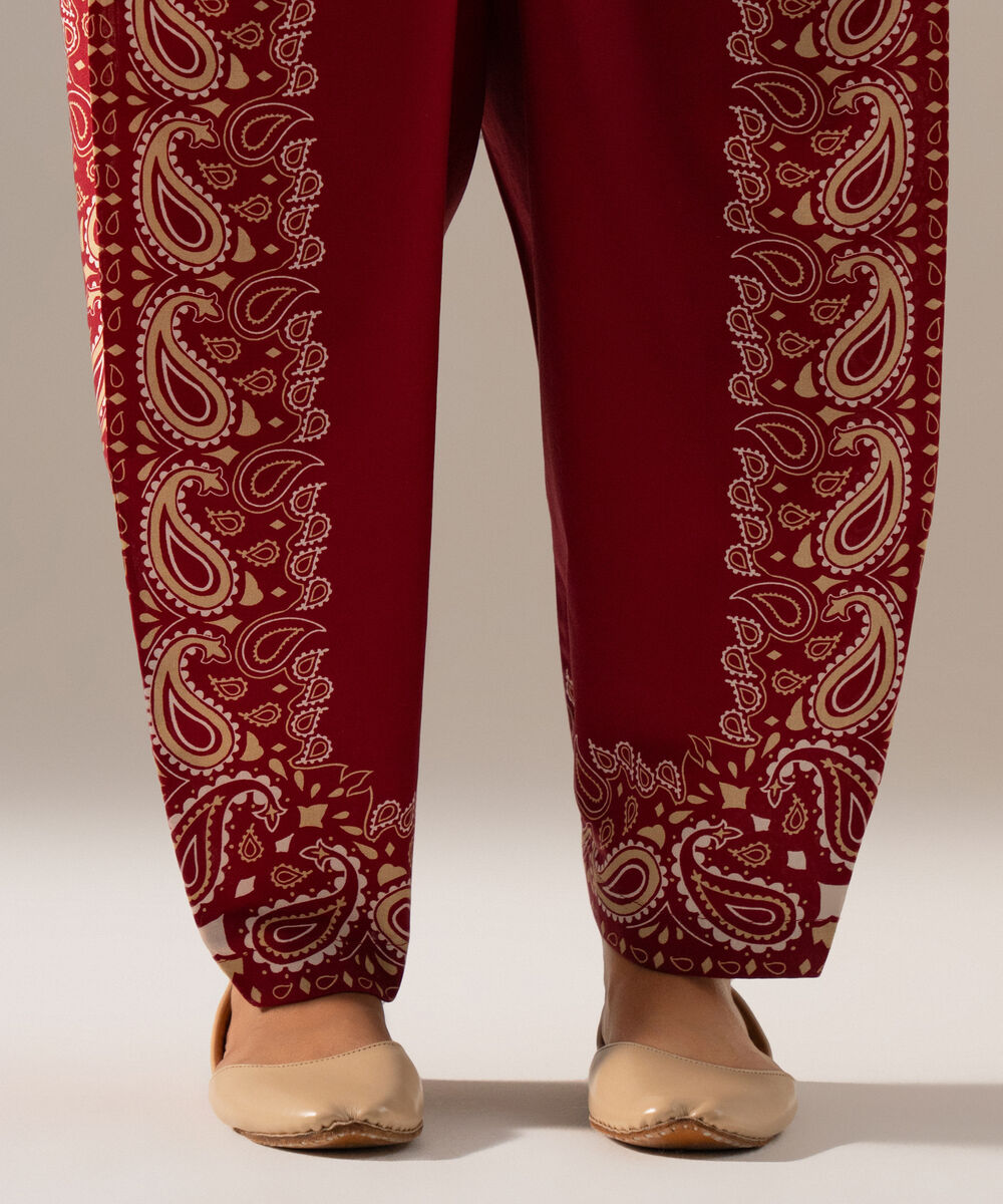 Women's RTW Cambric Printed Maroon Skinny Shalwar