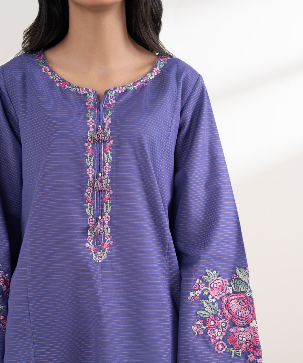 Women's RTW Zari Khaddar Embroidered Purple Straight Shirt