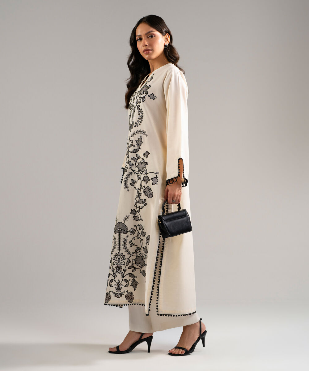 Women's RTW Zari Lawn Embroidered Off White A-Line Shirt