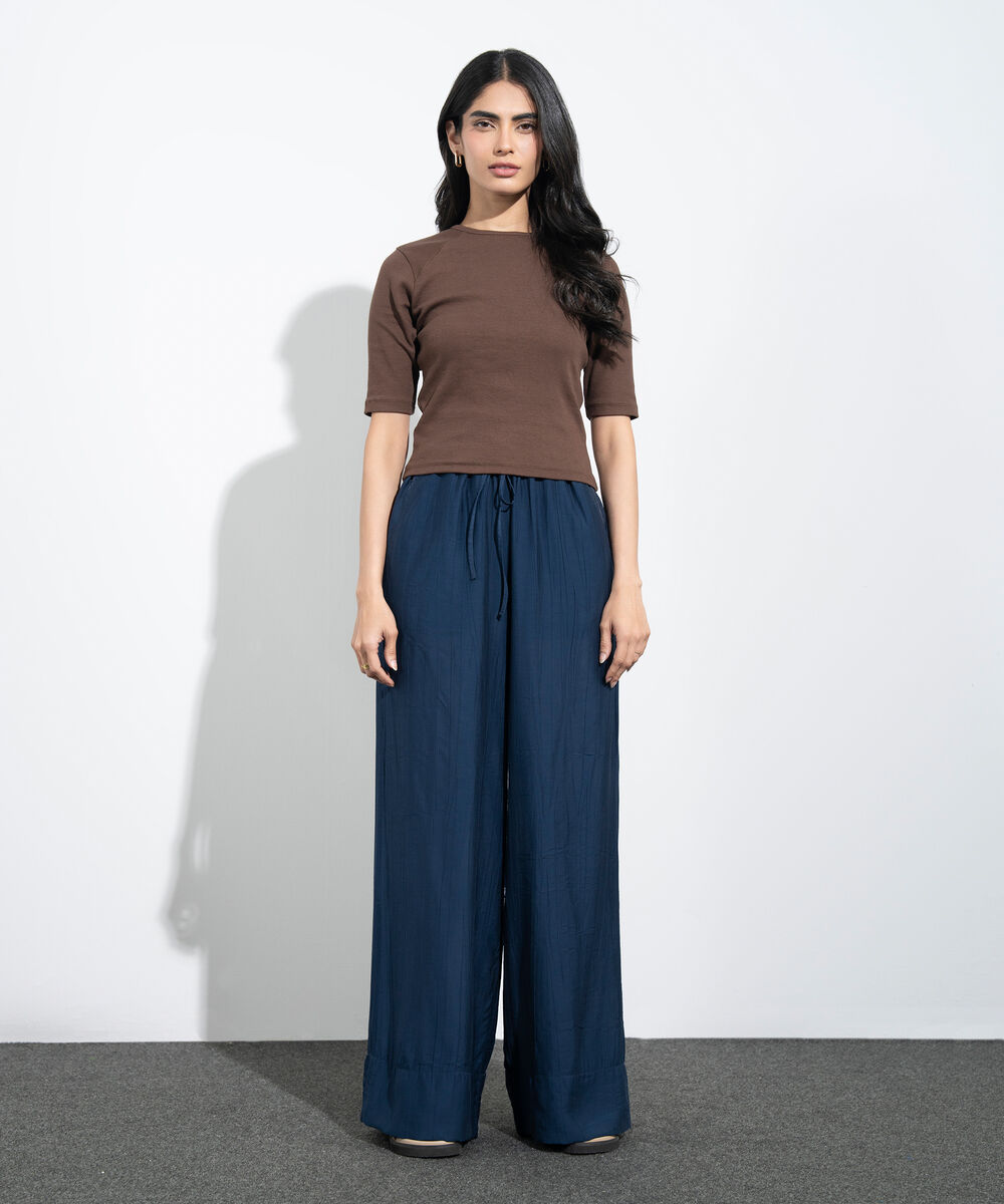 Women's Western Navy Wide-Leg Textured Trousers