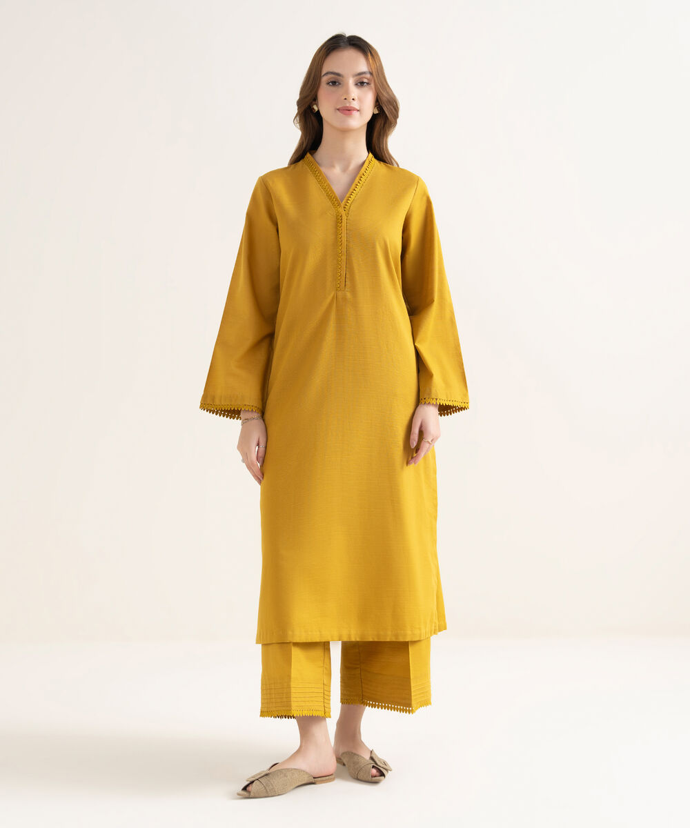 Women's RTW Textured Cotton Solid Straight Yellow Shirt