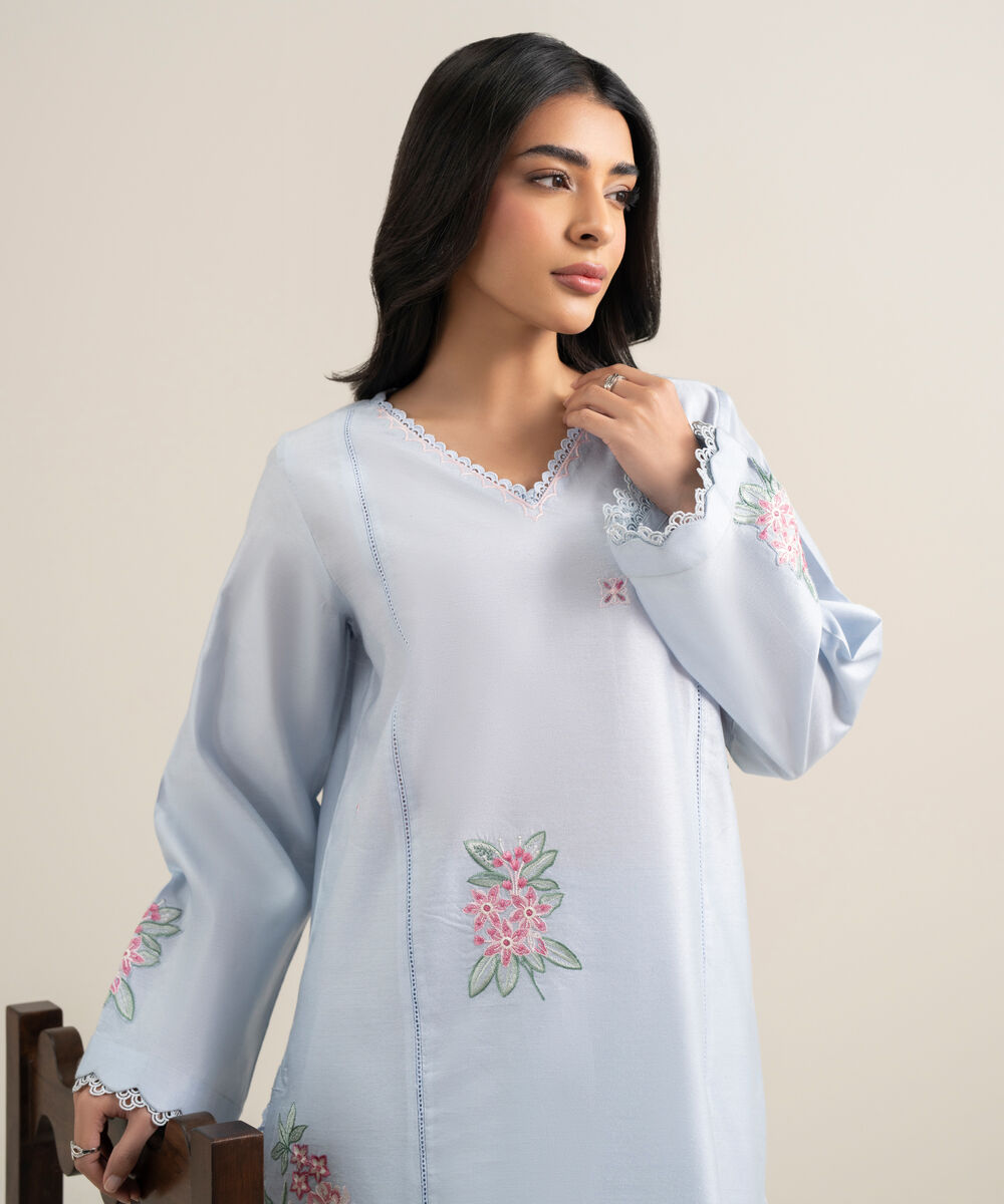 Women's RTW Silk Cotton Net Embroidered Blue 2 Piece Suit