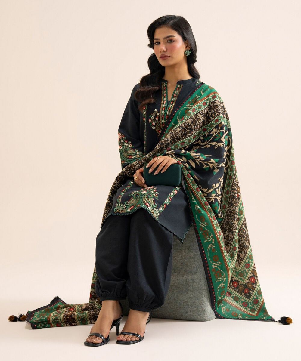 Women's Unstitched Light Khaddar Embroidered Green & Black 3 Piece Suit