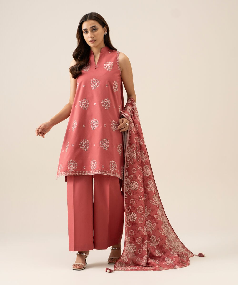 Women's Unstitched Basic Khaddar Embroidered Peach 3 Piece Suit