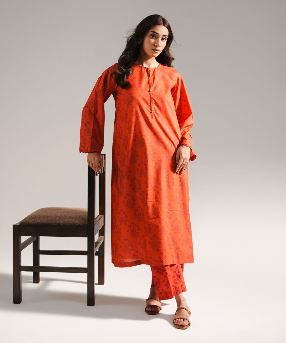 Women's RTW Zari Lawn Printed Orange 2 Piece Suit