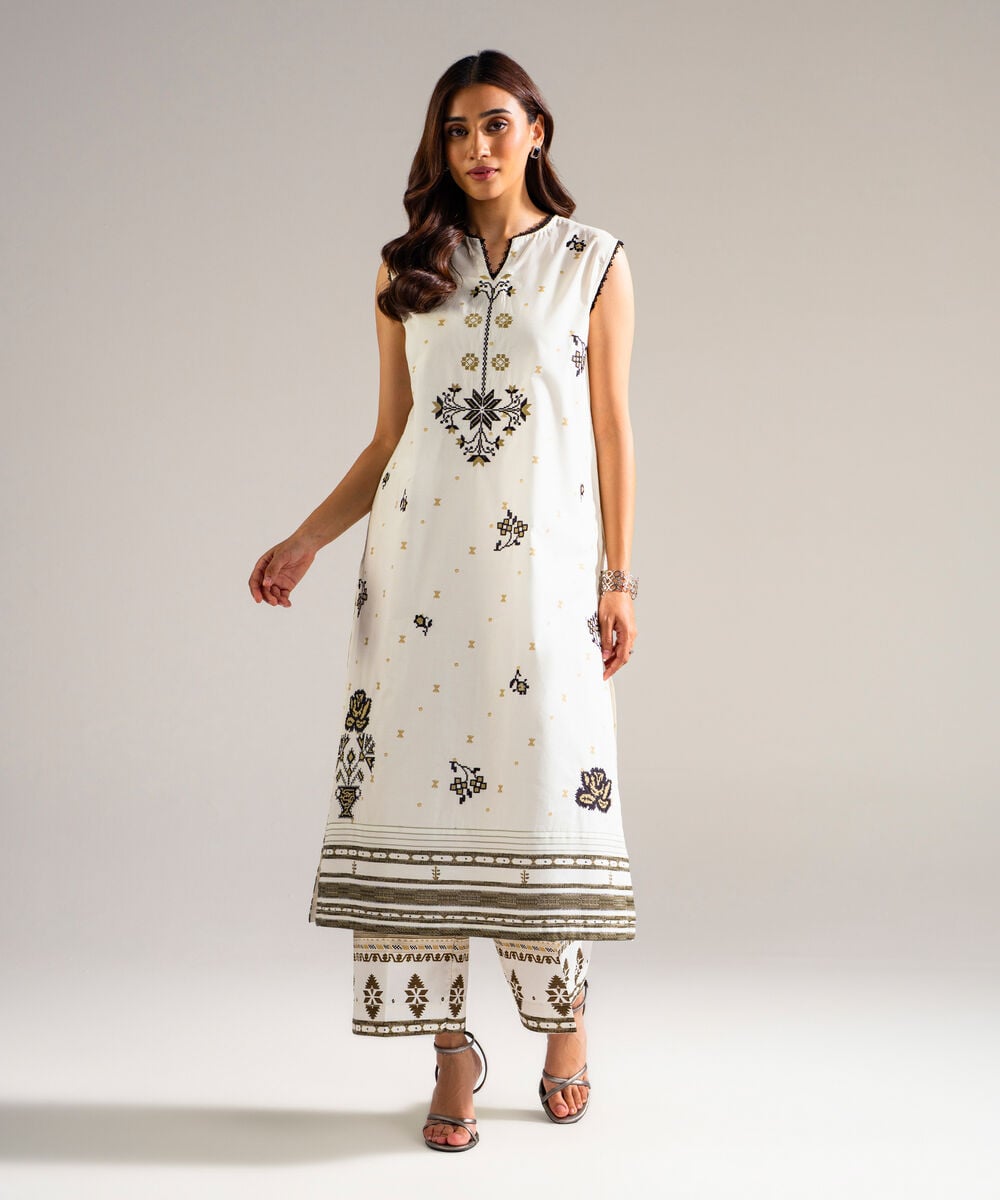 Women's RTW Lawn Embroidered White Straight Shirt
