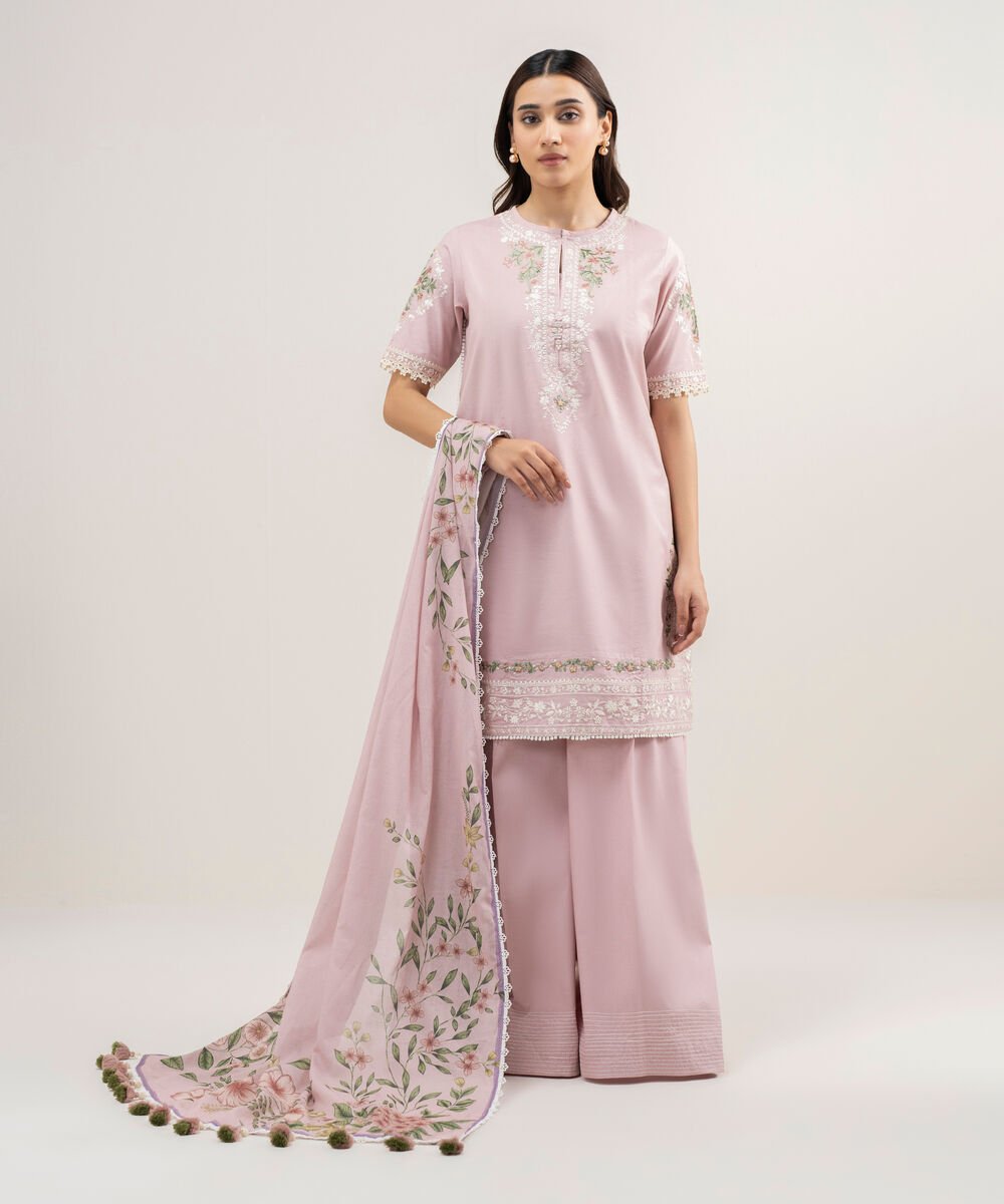 Women's Unstitched Textured Lawn Embroidered Pink 3 Piece Suit