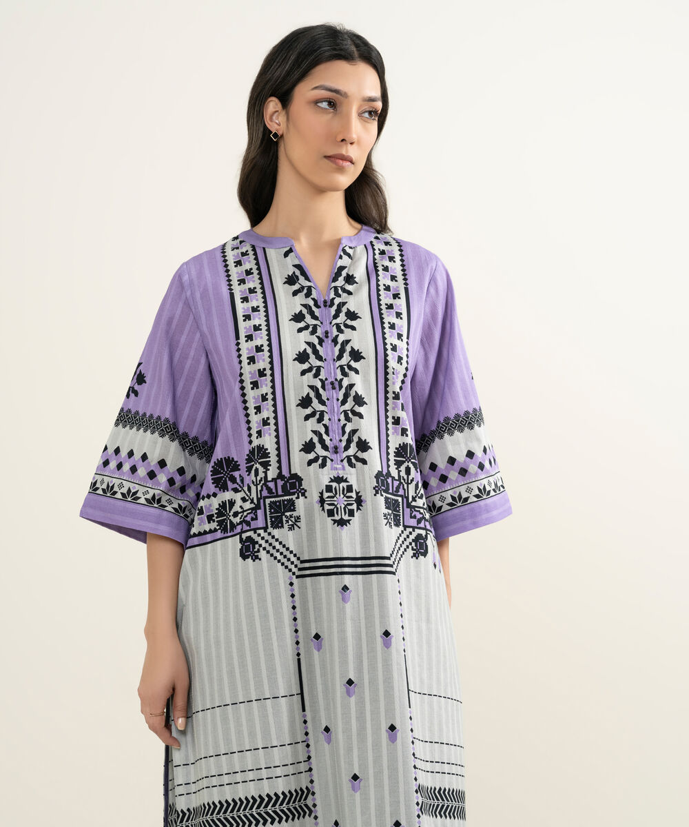 Women's RTW Textured Cotton Printed Grey A-Line Shirt